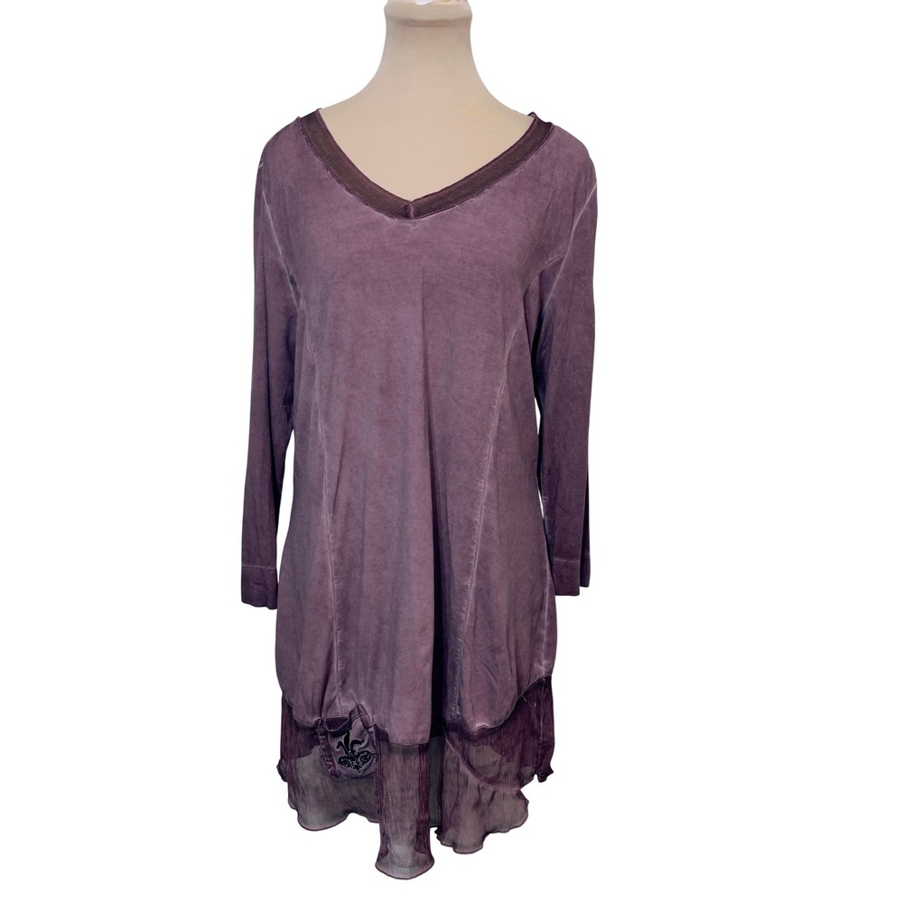 Soft Surroundings Womens Purple V-Neck‎ Tunic Top Large Mesh Trim Fleur-De-Lis
